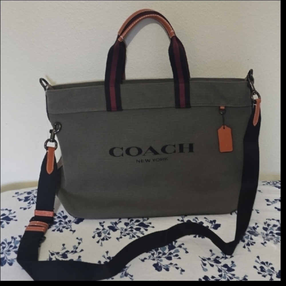Coach Gray and Black Men's Messenger Bag with Burgundy Accents